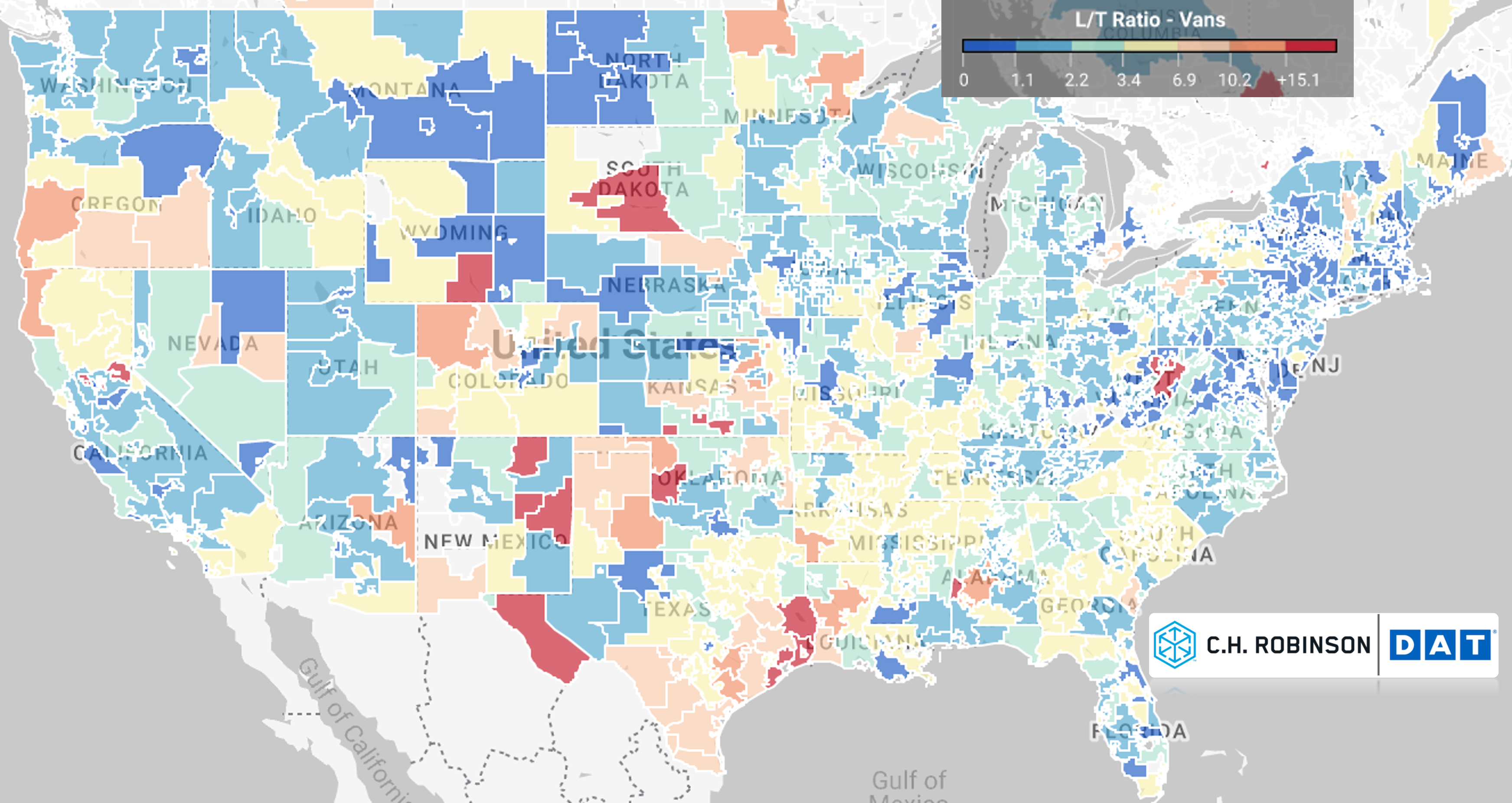 Mapa de calor del mercado spot de furgonetas secas DAT - C.H. Robinson freight market insights 11.17.22